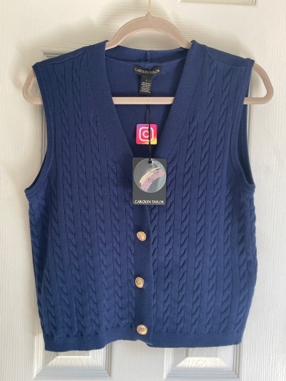 Carolyn Taylor Navy Preppy Boho Cable-Knit V-Neck Button Front Vest